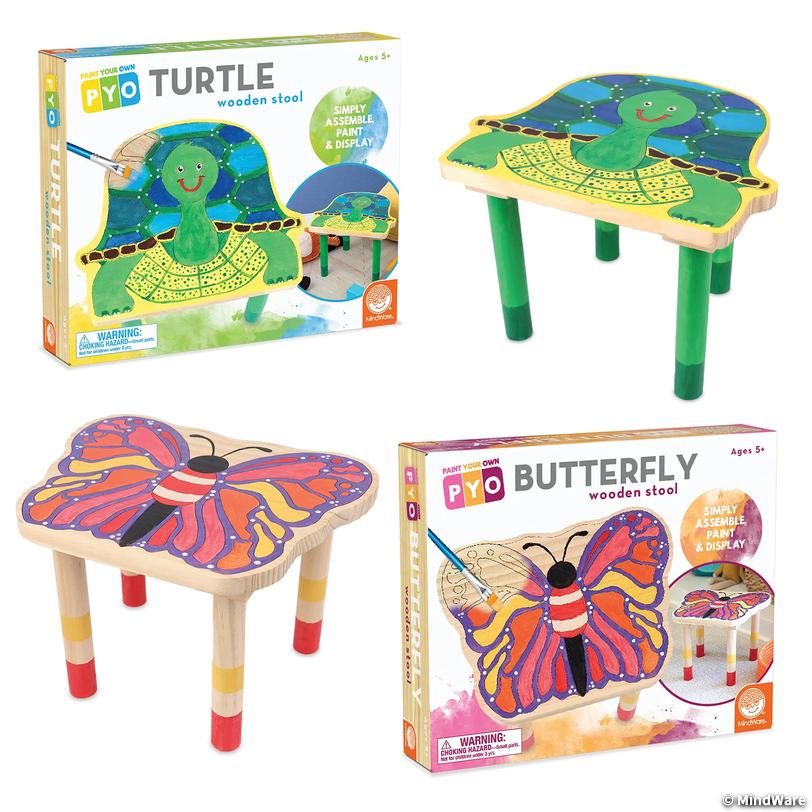 Paint Your Own Wooden Stools Butterfly &amp; Turtle Set of 2 Image